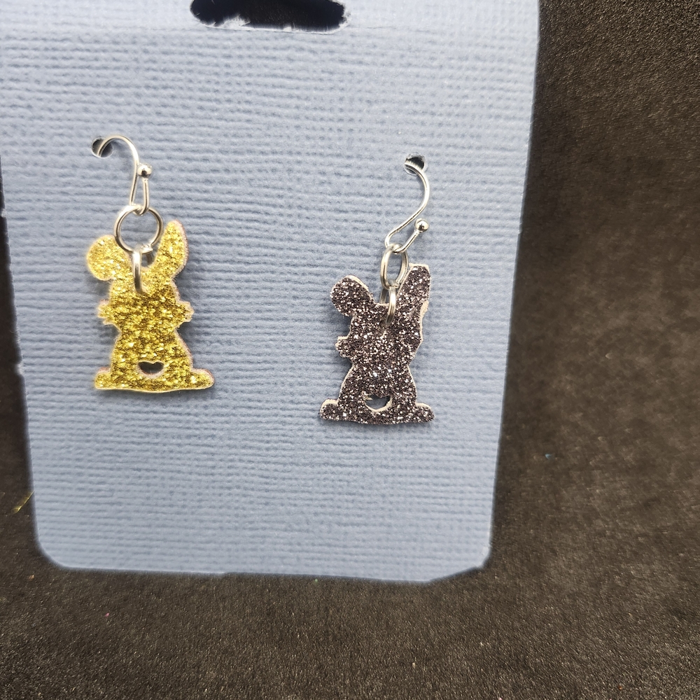 Hand Crafted Gold And Silver Bunny Faux Leather Earrings, Lightweight Easter